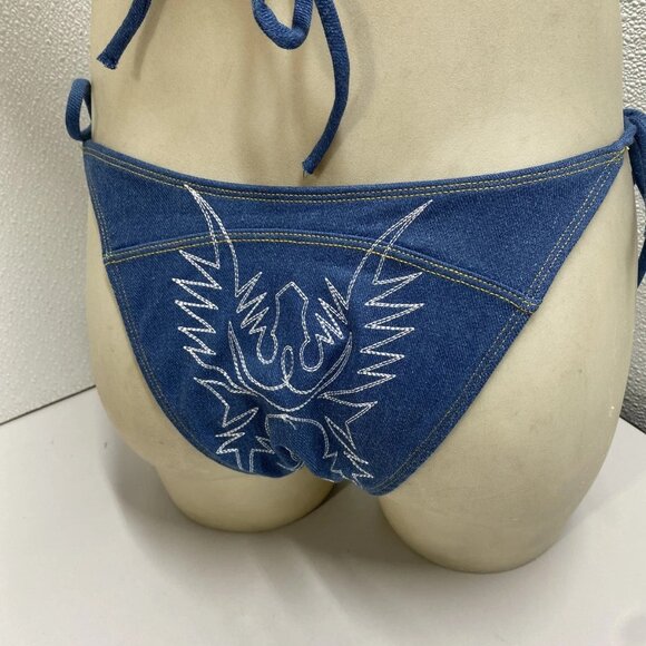 NEW UNDERSTATED Leather Women’s Bootscoot Bikini Set Denim Blue Size M - Picture 5 of 15